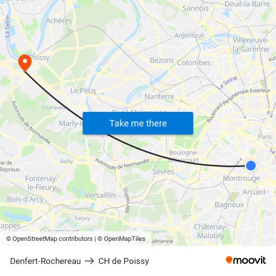 Denfert-Rochereau to CH de Poissy map
