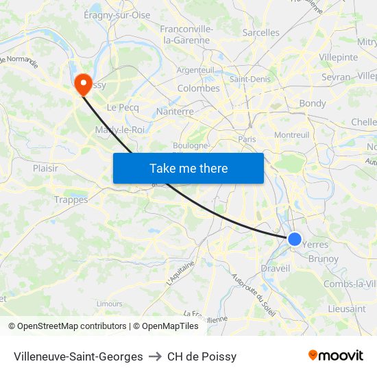 Villeneuve-Saint-Georges to CH de Poissy map
