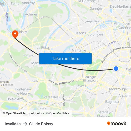 Invalides to CH de Poissy map