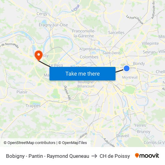 Bobigny - Pantin - Raymond Queneau to CH de Poissy map