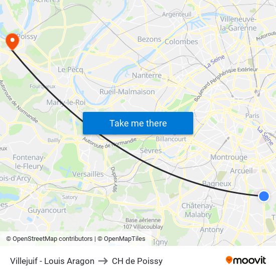 Villejuif - Louis Aragon to CH de Poissy map