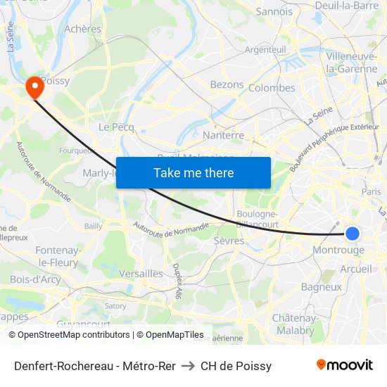 Denfert-Rochereau - Métro-Rer to CH de Poissy map