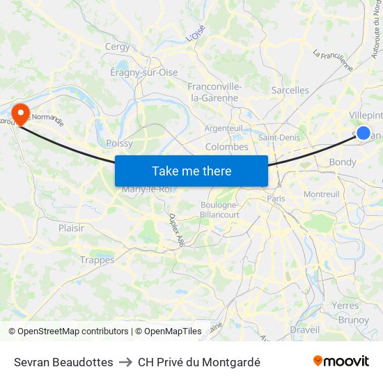 Sevran Beaudottes to CH Privé du Montgardé map