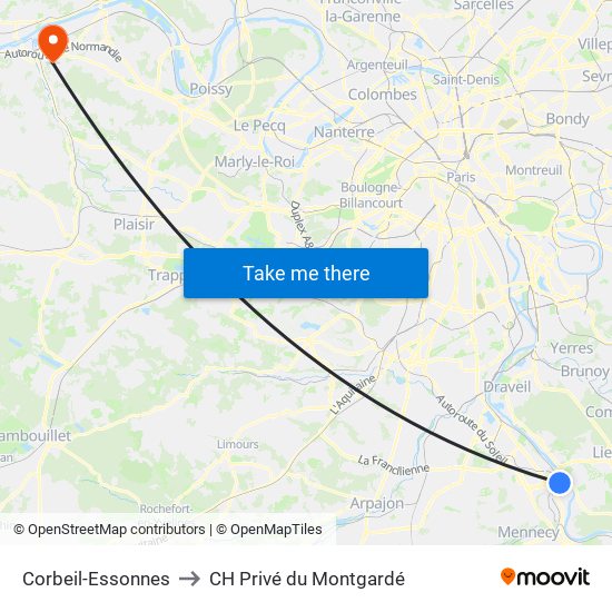 Corbeil-Essonnes to CH Privé du Montgardé map