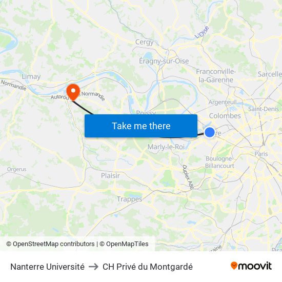 Nanterre Université to CH Privé du Montgardé map