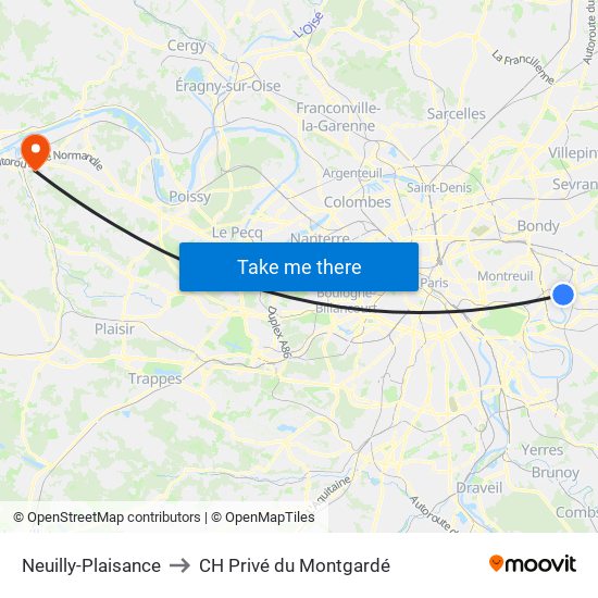 Neuilly-Plaisance to CH Privé du Montgardé map