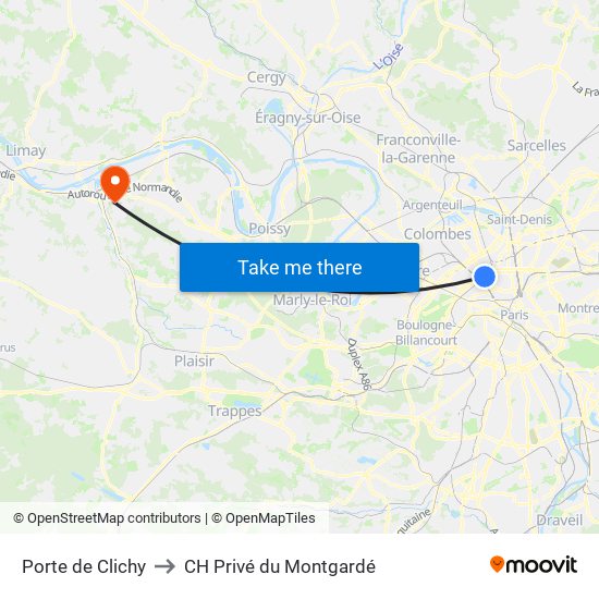 Porte de Clichy to CH Privé du Montgardé map