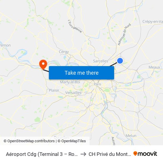 Aéroport Cdg (Terminal 3 – Roissypôle) to CH Privé du Montgardé map