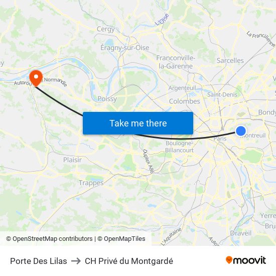 Porte Des Lilas to CH Privé du Montgardé map