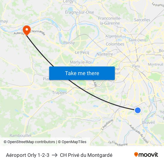 Aéroport Orly 1-2-3 to CH Privé du Montgardé map