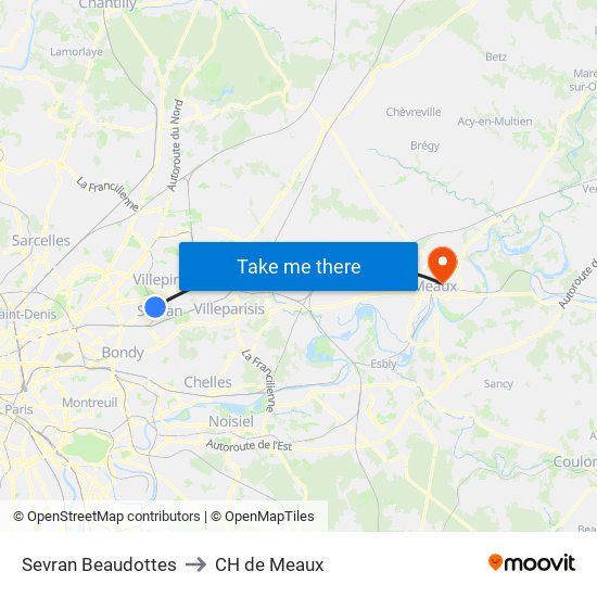 Sevran Beaudottes to CH de Meaux map