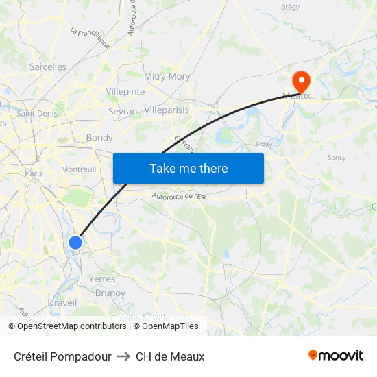 Créteil Pompadour to CH de Meaux map
