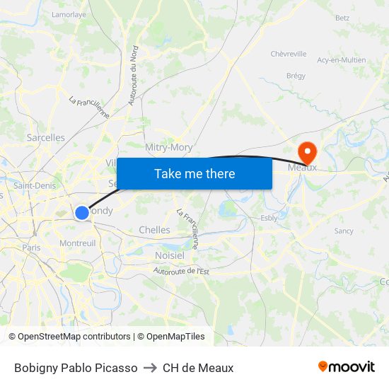 Bobigny Pablo Picasso to CH de Meaux map