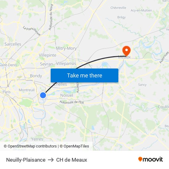 Neuilly-Plaisance to CH de Meaux map
