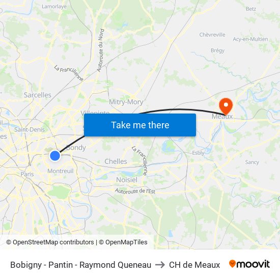 Bobigny - Pantin - Raymond Queneau to CH de Meaux map