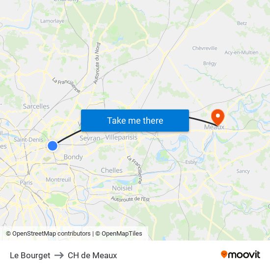 Le Bourget to CH de Meaux map