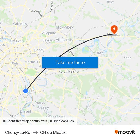 Choisy-Le-Roi to CH de Meaux map