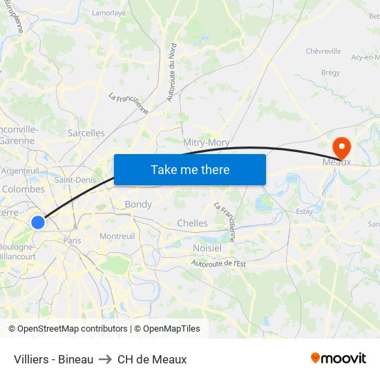 Villiers - Bineau to CH de Meaux map