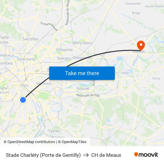 Stade Charléty (Porte de Gentilly) to CH de Meaux map