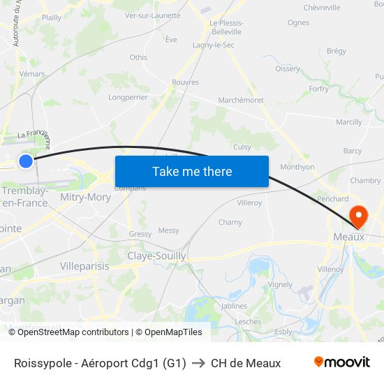 Roissypole - Aéroport Cdg1 (G1) to CH de Meaux map