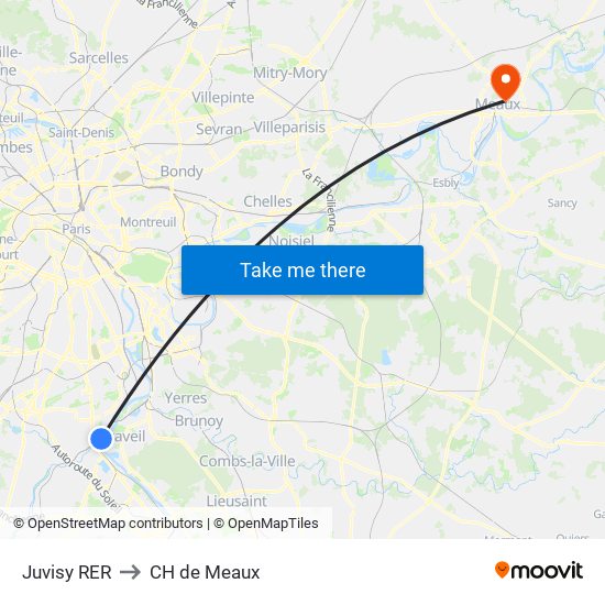 Juvisy RER to CH de Meaux map