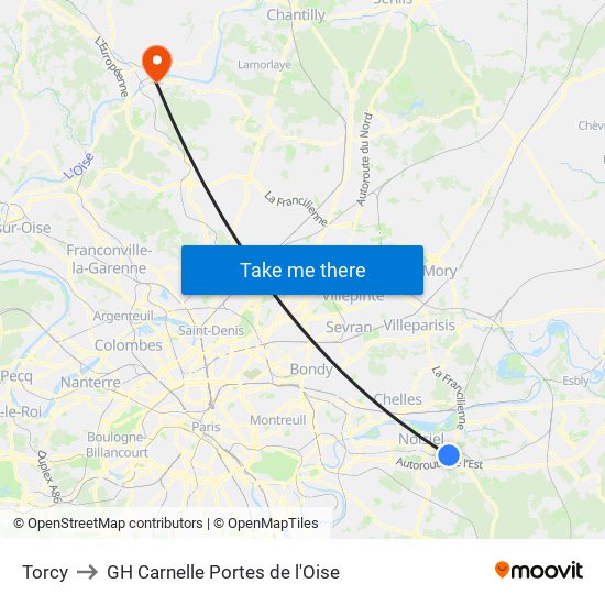 Torcy to GH Carnelle Portes de l'Oise map