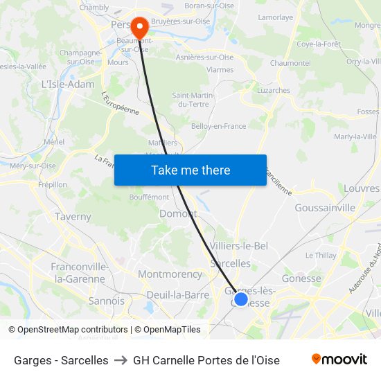 Garges - Sarcelles to GH Carnelle Portes de l'Oise map