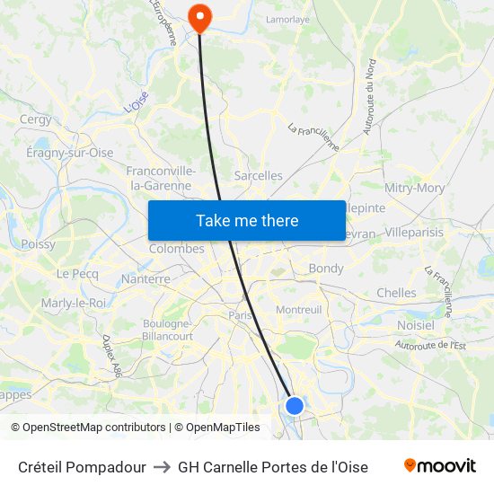 Créteil Pompadour to GH Carnelle Portes de l'Oise map