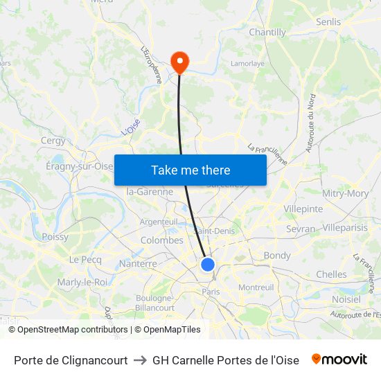 Porte de Clignancourt to GH Carnelle Portes de l'Oise map
