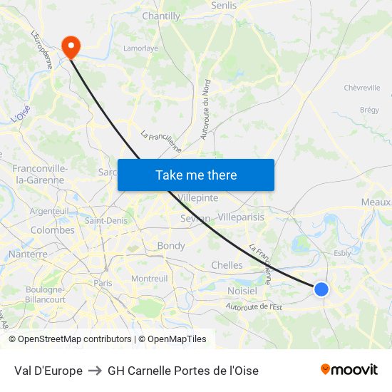 Val D'Europe to GH Carnelle Portes de l'Oise map