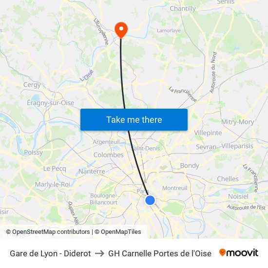 Gare de Lyon - Diderot to GH Carnelle Portes de l'Oise map
