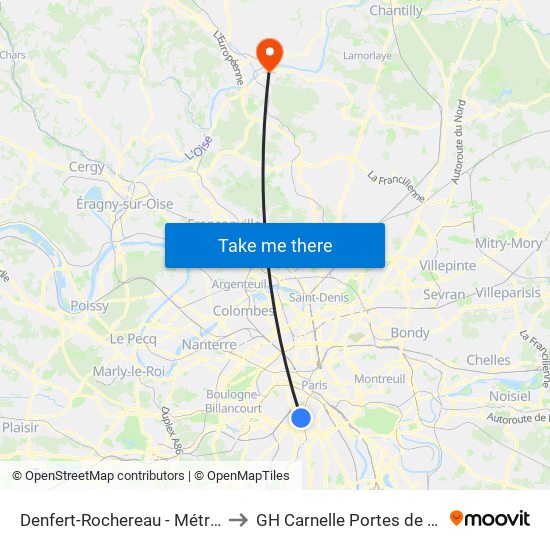Denfert-Rochereau - Métro-Rer to GH Carnelle Portes de l'Oise map