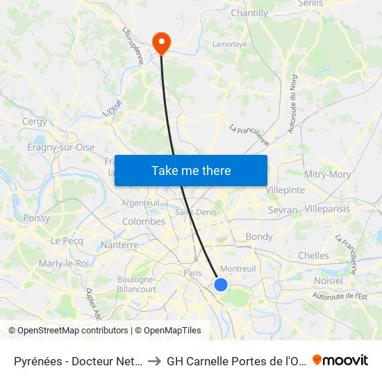 Pyrénées - Docteur Netter to GH Carnelle Portes de l'Oise map