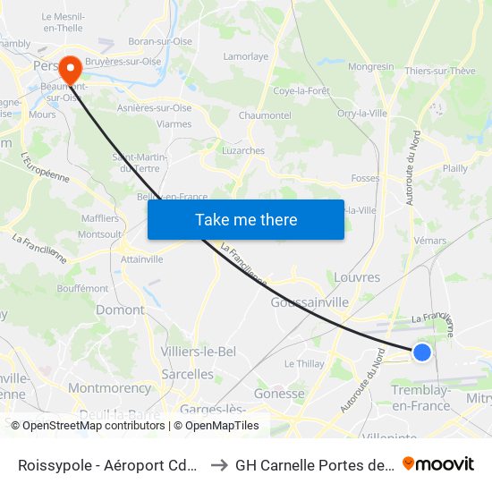 Roissypole - Aéroport Cdg1 (G1) to GH Carnelle Portes de l'Oise map
