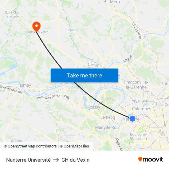 Nanterre Université to CH du Vexin map