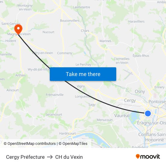 Cergy Préfecture to CH du Vexin map