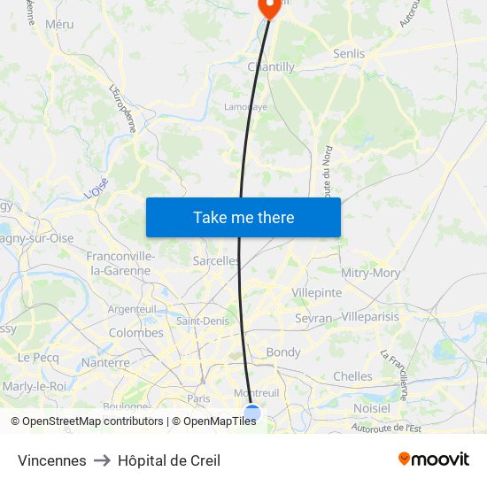 Vincennes to Hôpital de Creil map