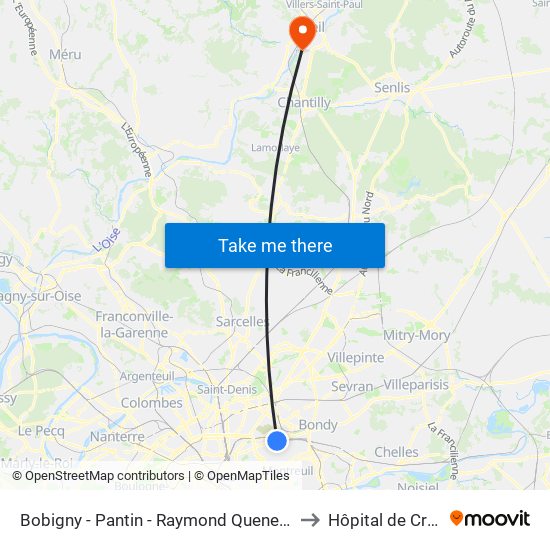 Bobigny - Pantin - Raymond Queneau to Hôpital de Creil map