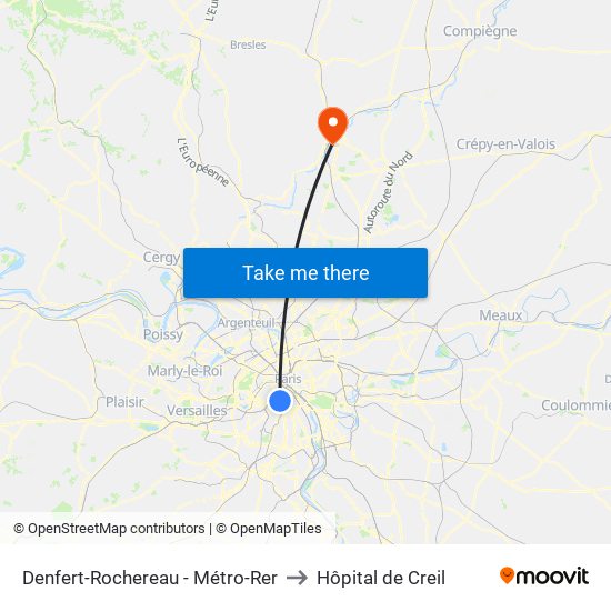 Denfert-Rochereau - Métro-Rer to Hôpital de Creil map