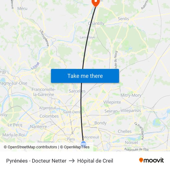 Pyrénées - Docteur Netter to Hôpital de Creil map