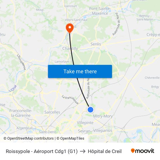 Roissypole - Aéroport Cdg1 (G1) to Hôpital de Creil map