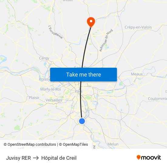 Juvisy RER to Hôpital de Creil map