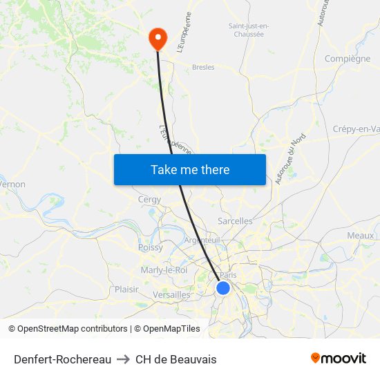 Denfert-Rochereau to CH de Beauvais map