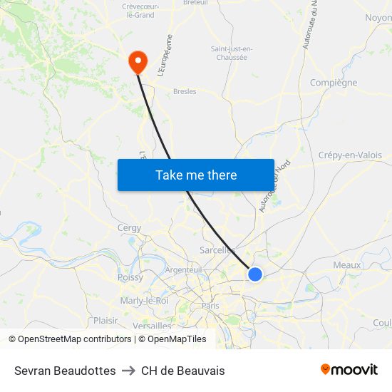 Sevran Beaudottes to CH de Beauvais map