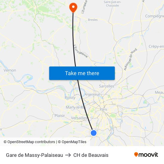 Gare de Massy-Palaiseau to CH de Beauvais map