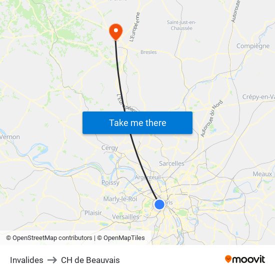 Invalides to CH de Beauvais map