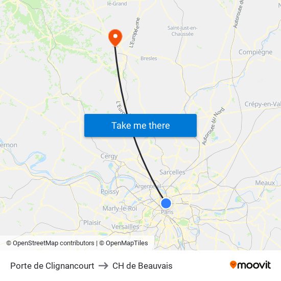 Porte de Clignancourt to CH de Beauvais map