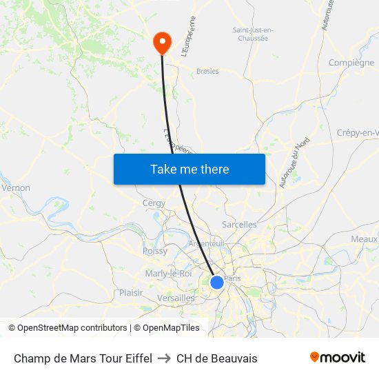 Champ de Mars Tour Eiffel to CH de Beauvais map