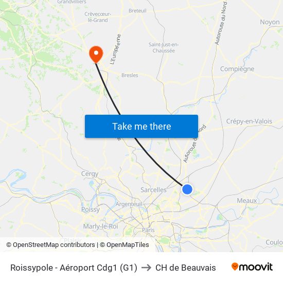 Roissypole - Aéroport Cdg1 (G1) to CH de Beauvais map