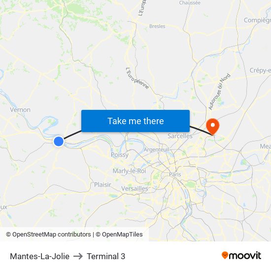 Mantes-La-Jolie to Terminal 3 map